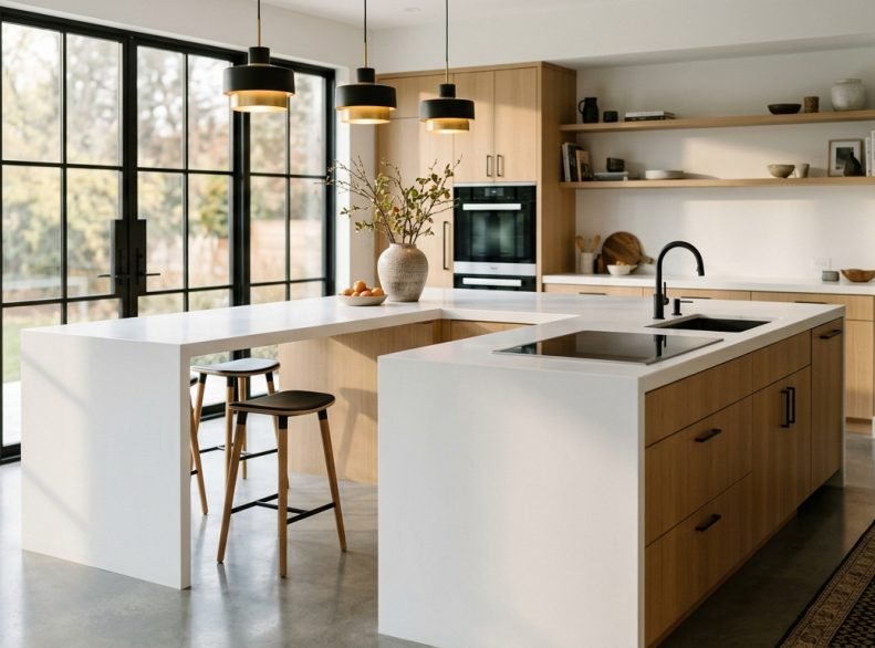 Modern L-Shaped Corian Kitchen Island with Waterfall Edge